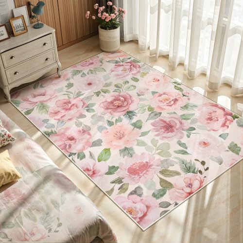 Lahome Floral Washable Rugs 3x5,Entryway Rug Soft Bedroom Rugs Ultra-Thin Home Decor Small Carpet for Bathroom Kitchen Rugs Kids Room,Office,College Dorm 3x5（Beige/Multi - color: Beige/Camellia, size: 3' X 5'(rectangular)