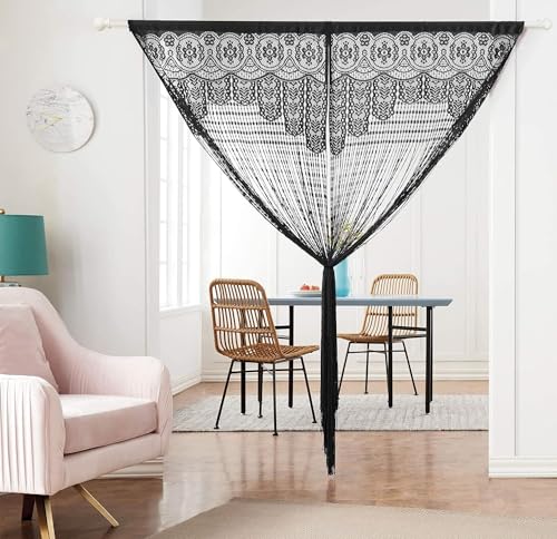 HSYLYM String Door Privacy Lace Curtain Macrame Boho Doorway Window Curtains for Wall Divider Windows Door Covers Decorative Room Separation (35×79in/90×200cm,Black) - color: Black, size: 35"W x 79"L (Pack of 1)