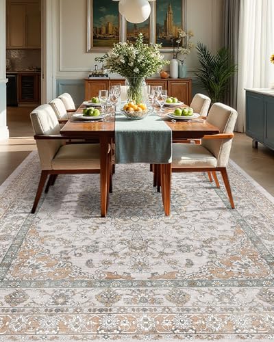 Farmhouse Washable Neutral Area Rugs for Living Room Bedroom Nursery, 8x10 Floral Dining Room Rug Under Table- Oriental Medallion Non Slip & Stain Resistant Carpet, Soft Vintage Mat(Beige & Orange) - color: Beige/Orange/Grey, size: 8' x 10' (Rectangular)