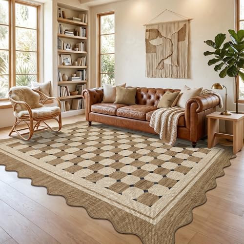 Garvee Easy Jute Scalloped Area Rug, 4x6 Neural Checkered Modern Washable Rugs for Living Room Non-Slip Low Pile Entryway Rug, Farmhouse Indoor Outdoor Carpet for Kitchen Backyard Bedroom Office 4'x6' - color: Checkered|jute, size: 4' x 6' (Rectangular)