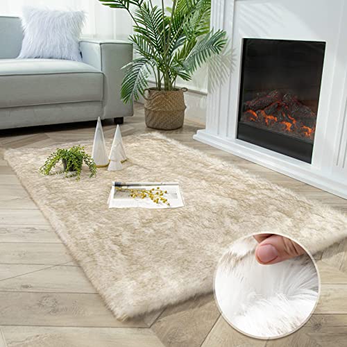 Ashler HOME DECO Soft Fox Faux Fur Chair Couch Cover Area Rug for Bedroom Floor Sofa Living Room White Brown Rectangle 3 x 5 Feet - color: White Brown, size: 3 x 5 ft