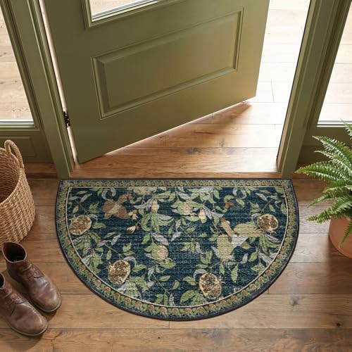 jinchan Eden Botanical Vintage Washable Small Area Rug, 2x3 Half Circle Floral Entryway Rug, Low Pile Soft Non Slip Doormat Dirt Trapping Carpet for Entrance Kitchen Bathroom Vanity, Blue - color: Eden Dark Blue, size: 1'9" x 3' (Semicircular)
