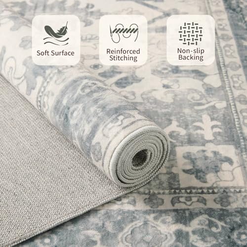 Rugxara 3x5 Washable Entryway Rug, Non Slip Boho Runner Rugs for Hallway, Entrance, Kitchen, Bathroom, Laundry Room, Soft Entryway Carpet, Throw Low Pile Retro Imitation Wool Carpet, Light Blue Grey - color: Blue & Grey, size: 3' x 5' (Rectangular)