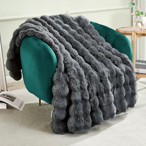 JONIYEAR Solid Thick Bubble Faux Rabbit Fur Throw Blanket 50" x 60", Decorative Bumpy Cute Cozy Fluffy Gray Warm Blanket for Winter,Reversible Luxe Fuzzy Textured Poofy Comfy Shag Furry Blankets, Grey - color: Grey - 900gsm, size: Travel/Throw Size - 50"