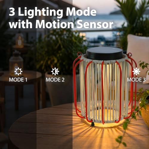 Solar Lanterns Outdoor Waterproof, Wicker Rattan Table Lamp with Iron Protective Frame, Rechargeable Hanging Lantern 30H+ Runtime, Dual USB-C/Solar, 3 Modes, IP54 – Patio Boho Decor Light