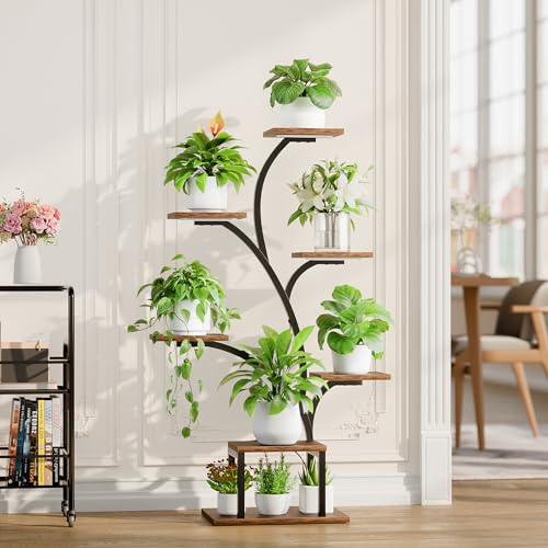 BACEKOLL Plant Stand Indoor with Grow Lights, 7 Tiered Indoor Plant Shelf, 49" Corner Plant Stands for Indoor Plants, Metal Plant Flower Display Shelf, Tree-Shaped Plant Rack for Home, Patio, Brown
