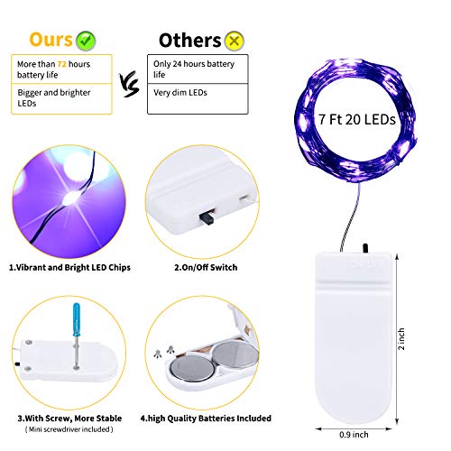 Halloween Purple Fairy String Lights: 12 Pack 7 Ft 20 LED Battery Operated Firefly Lights on Black Wire Starry Moon Lights for DIY Party Bedroom Patio - color: Purple, size: 12 Pack
