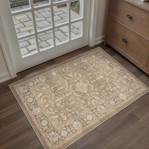 PureCozy 2x3 Brown Entryway Rug Vintage Area Carpet Indoor Kitchen Washable Door Mat Entrance Small Low Pile Traditional Distressed Retro Accent Throw Boho Rug Non Slip Office Bathroom - color: Vintage 2丨brown, size: 2' x 3' (Rectangular)