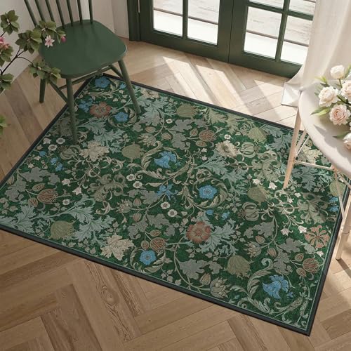 Forest Green Washable Floral Area Rug 2x3, Vintage Farmhouse Botanical Rug, Non Slip Low Pile Thin Floor Soft Small Accent Rug for Entryway Bedroom Living Room Kitchen Doorway Stain Resistant - color: Green, size: 2'x3'