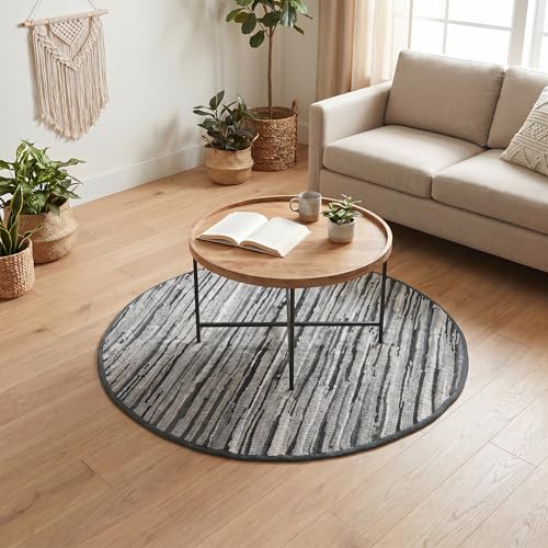 Cotton Hand Woven Chindi Area Rug 4 Feet Round - Charcoal, Reversible Large Durable Indoor Décor Carpet Ideal for Bedroom, Living Room, Nursery | Grey Soft Farmhouse Circle Floor Mat for Home Space - color: Charcoal, size: 4' (Round)