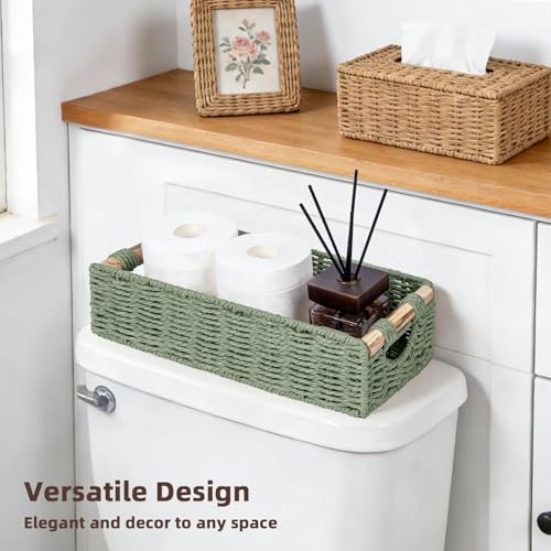 CubesLand Back of Toilet Storage Basket for Organizing w/Cut Out Handle, Handwoven Toilet Tank Top Paper Baskets, Small Wicker Decorative Basket for Countertop, Home, Living Room, Nursery, Green - color: Green, size: S-12.99" (L) X 6.29" (W) X 3.15" (H)