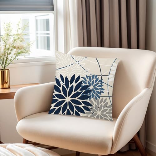 COMMINY Blue White Pillow Covers 16x16 Set of 6, Daisy Dahlia Throw Pillow Cover, Beige Pillowcase, Modern Couch Pillow Cover for Sofa Living Room Farmhouse Home Decor - color: Blue White Beige, size: 16" x 16" (Pack of 6)