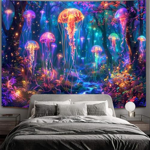 Simpkeely Blacklight Jellyfish Forest Tapestry, UV Reactive Fantasy Vibrant Neon Art Decor, Glow in The Dark Aquatic Life Wall Hanging Tapestries for Bedroom, Living Room - 70.9" x 90.6" - color: Jellyfish, size: 90.6"L x 70.9"W