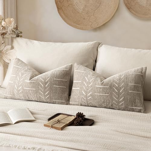 Home Décor Decorative Boho Chenille Throw Pillow Covers, Neutral Lumbar Cushion Covers, Textured Soft Farmhouse Pillowcase for Couch Sofa Chair Bed Living Room, 12×20 Inch, Set of 2, Beige - color: Beige, size: 20" x 12" (Pack of 2)