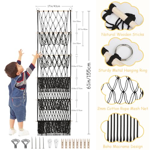 5 Tier Stuffed Animal Storage Shelf Net, 17x61 Inch Large Plushie Net w/LED Light & Clips for Mini Medium Stuffy Teddy, Black Boho Macrame Wall Toy Holder Display for Nursery Kids Girls Boys - color: Black, size: Large-5 Tier-17x61 Inch