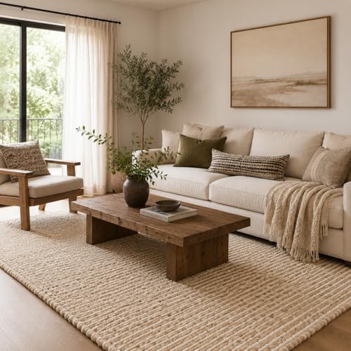 FRELISH DECOR Area Rug 6x9 feet - Premium Wool and Jute Blend Handwoven Rugs - Natural Fiber Chunky Stripe Rugs for Living Room, Bedroom, Hallways, Dining Area: Natural Ivory - size: 6' x 9' (Rectangular)