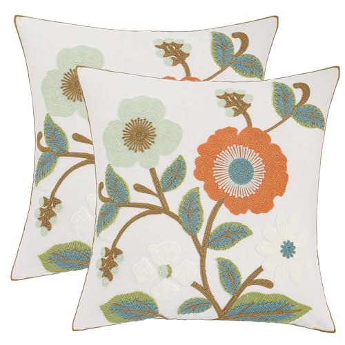 Embroidered Throw Pillow Covers 18x18 Pack of 2 Green and Orange Pillow Covers Flowers with Leaves Pillow Cushion Case Summer Decorative Farmhouse Pillowcases Square Rustic Floral Pillow Case - color: Orange and Green Flowers
