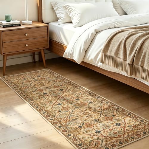 Joydeco Washable 2x5 Hallway Runner Rug Vintage, Tan | Water Resistant Low Pile Non Slip Backing for Kitchen Entryway Bedroom Bathroom Dining Room - color: Tan, size: 2' x 5' (Rectangular)