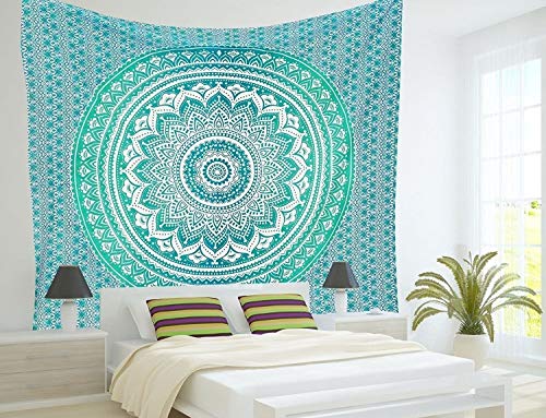 Popular Handicrafts Tapestry Wall Hanging Hippie Ombre Mandala Wall Art Bohemian Hippy Intricate Indian Tapestry 84x90 Inches (215cm x 230cm) Green - color: Green, size: 90.6"L x 84.7"W