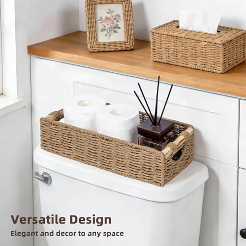 CubesLand Back of Toilet Storage Basket for Organizing w/Cut Out Handle, Handwoven Toilet Tank Top Paper Baskets, Wicker Decorative Basket for Countertop, Home Decor, Living Room, Nursery, Neutral - color: Neutral, size: M-14.17" (L) X 6.29" (W) X 3.54" (