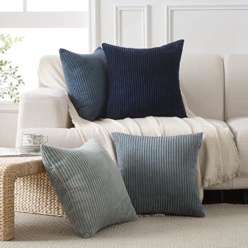 Volcanics Set of 4 Dusty Blue Navy Series Corduroy Decorative Couch Throw Pillow Covers 18x18 Inch, Soft Modern Boho Striped Cushion Cases for Patio, Balcony, Children Bedroom, Summer Gradient Shams - color: Blue, size: 18" x 18" (Pack of 4)