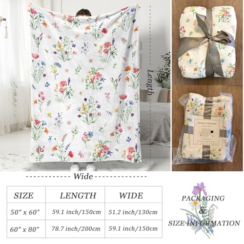 Colorful Wildflowers Throw Blanket Botanical Plant Bed Blanket Watercolor Floral Flower Blankets Soft Flannel Fleece Throw Blanket Boho Cozy Fluffy Plush Blankets 50" X 60" - color: Wildflowers, size: 50" X 60"