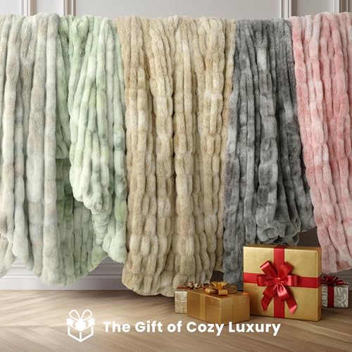 Ultra Soft Cozy Faux Fur Throw Blanket, Fuzzy Plush Thick Bubble Blanket, Oversize Luxury Fluffy Blanket for Couch, Sofa, Bedroom, and Living Room,50x60 Inches,Double Sided Tie-Dye Camel - color: Double Sided-tie Dye Camel, size: Throw