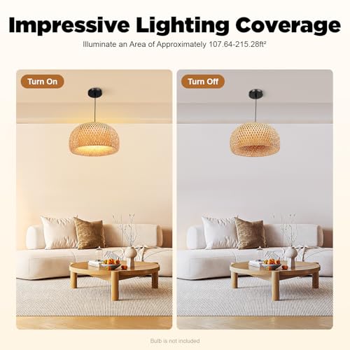 TFCFL 15Inch Bamboo Chandelier, Rattan Pendant Lamp Shade Ceiling Lighting Weave Bamboo Rattan E26 Hanging Light Fixture Hollow Lampshade Pendant Light for Dining Room (Bulbs Not Included) - size: 15 Inch