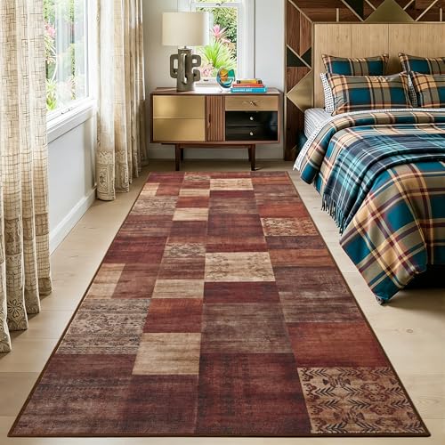 Tepook Modern Runner Rug for Living Room, 2x6 Washable Rugs for Bedroom Hallway, Geometric Patchwork Runner Rug Non-Slip Indoor Throw Carpet for Entryway Kitchen Office Home Decor, Red - color: Red, size: 2 X 6 Feet
