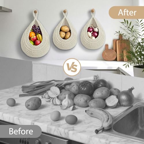 Hanging Fruit Baskets for Kitchen, 3 Pack Boho Cotton Rope Handwoven Vegetable Storage Wall Mounted Large Organizing Basket for Farmhouse Decor, Onion, Potato, Garlic and Plants (White) - color: White