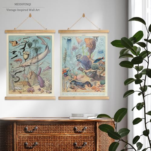 2 Pack Vintage Poster Hanger Frame, Retro Style Wall Decor Art Painting, Patterns are Printed on Linen Without Fading, Living Room Office Classroom Bedroom Playroom Apartment Decor. (Sea Creatures) - color: 2 x Ocean Life, size: 23"L x 16"W