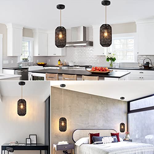 Ruzectt Pendant Light Fixtures Black Rattan Pendant Lights for Kitchen Island with 72in Adjustable Golden Cotton Cord, Farmhouse Wicker Basket Light Fixture for Living Room (Black-A) - color: Black-A