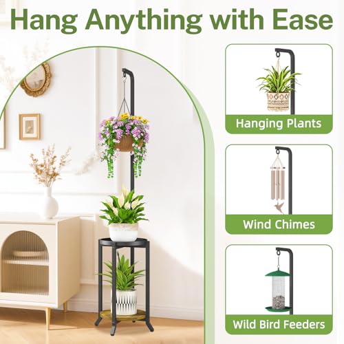 iDavosic.ly 2 Tier Hanging Plant Stand with Grow Lights Indoor, Tall Vertical Corner Metal Flower Heavy Duty Pot Holder Shelf for Patio Porch Living Room, Modern Black & Rustic Brown - color: Black with 2 Hanging Lights, size: 2 Tiers