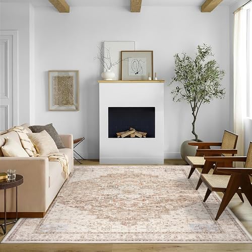 Boho Farmhouse Bedroom Rug 6x9 Washable Easy Clean Stain Resistant Vintage Country Rustic Neutral Earth Tone Area Rug for Dining Room Under Table, Light Tan Brown Beige with Rust Terracotta Pattern - color: Coffee/Rust Brown, size: 6' x 9' (Rectangular)
