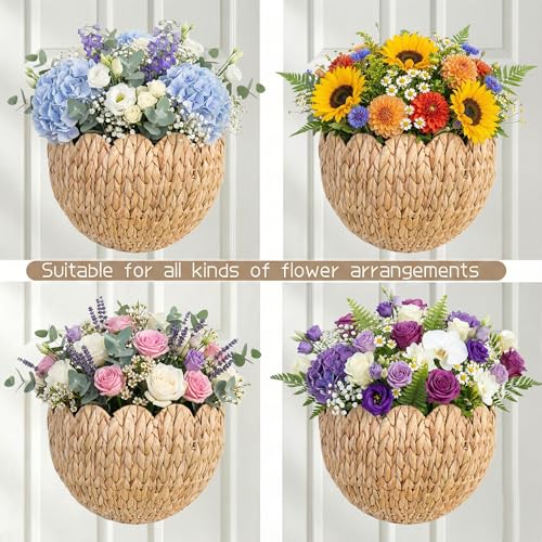 Hanging Wall Basket, Handwoven Water Hyacinth Scalloped Basket, Decorative Wall Organizer and Planter for Entryway Mail Plants Bathroom, Natural Color, 16" D x 10" W x 7" H