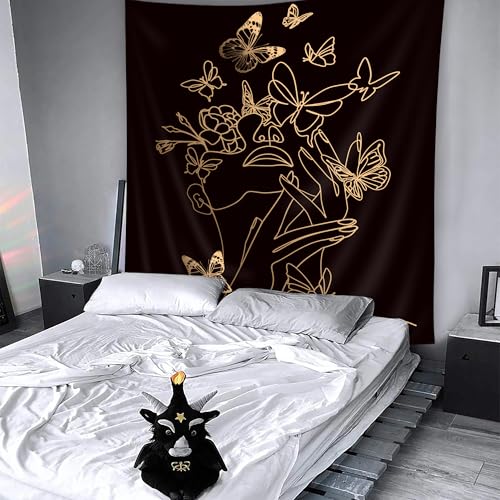 SVBright Simple Woman Flower with Butterfly Fabric Wall Hanging Tapestry 51Wx59H Inch Art Line Aesthetic Modern Minimalist Sketch Wall Black Gold Hanging Home Decor Art for Living Room Bedroom Dorm - color: Black Simple Woman, size: 59"L x 51"W