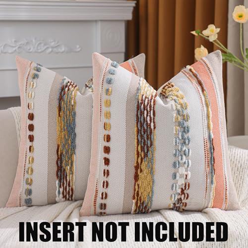 Boho Tufted Throw Pillow Covers 18x18 Set of 2 Stripe Decorative Pillow Cases Accent Chenille Pillowcases Farmhouse Cushion Case Nuetral Textured Pillow Cover Fall Autumn Home Decor,Orange - color: Orange Stripe, size: 18" x 18" (Pack of 2)