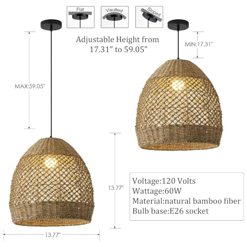 Rattan Pendant Light 13.77" Rustic Hand-Woven Wicker Hanging Light 1-Light Water Plants Rattan Chandelier for Dining Living Bedroom Kitchen Farmhouse - color: Natural Oval Rattan, size: 13.77" 1-Light