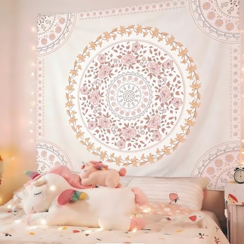 Tichgeim Boho Floral Pink Mandala Tapestry Wall Hanging for Bedroom, White and Pink Aesthetic Tapestries Room Cute Decor for Girls, Hippie Indian Blanket for Dorm Livingroom 61" × 50" - color: Pink White Mandala Tapestry, size: 60"L x 51"W