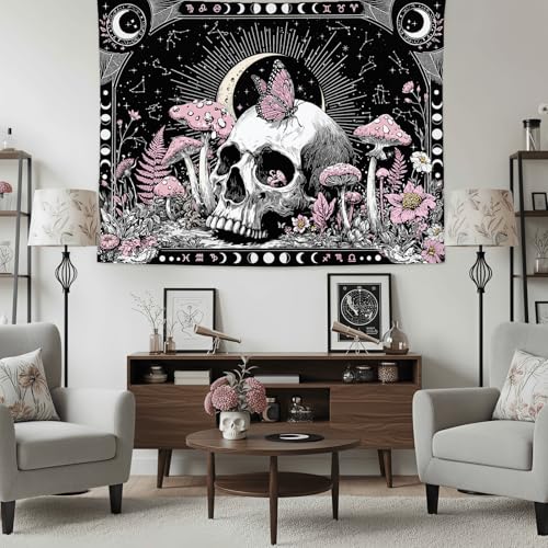 Accnicc Gothic Skull Tapestry Goth Skeleton Butterfly Mushroom Tapestries Wall Hanging Witchy Plant Floral Celestial Constellation Small Tapestry for Bedroom Living Room Dorm 48 x 36 inch - color: Pink White, size: 48"L x 36"W