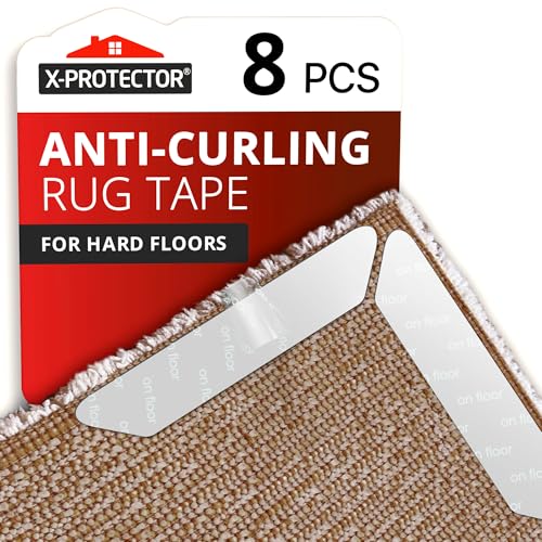X-Protector Rug Tape - 8 Pcs Set - White Anti-Slip & Anti-Curling Carpet Tape for Hard Floors - Premium Rug Pad Gripper - Carpet Corner Grippers to Keep Your Carpet in Place & Make Corners Flat - size: 8 PCS, Trapezoid (For Hard Floors)