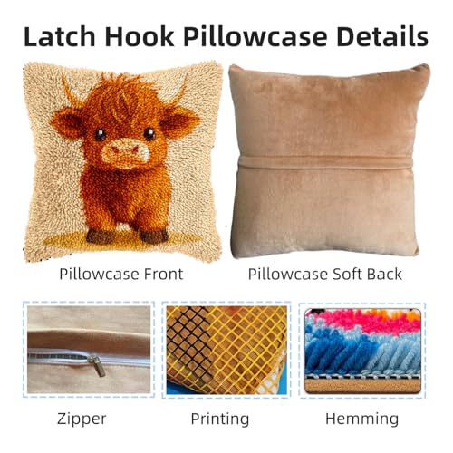 Latch Hook Pillow Kits for Adults Cute Baby Highland Cow DIY Pillow Cover Printed Pillowcase Crochet Hooking Yarns Handmade Cushion for Home Sofa Decoration 17x17inch(8) - color: 01-Highland Cow