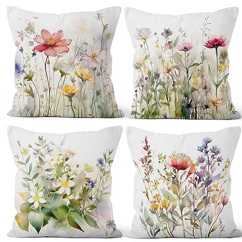 Spring Flowers Throw Pillow Covers, Floral Plant Modern Decorative Throw Pillow Case, 4-Pack Double-Side Printed Pillowcases for Sofa and Living Room, 16x16 in - color: 12, size: 16" x 16" (Pack of 4)