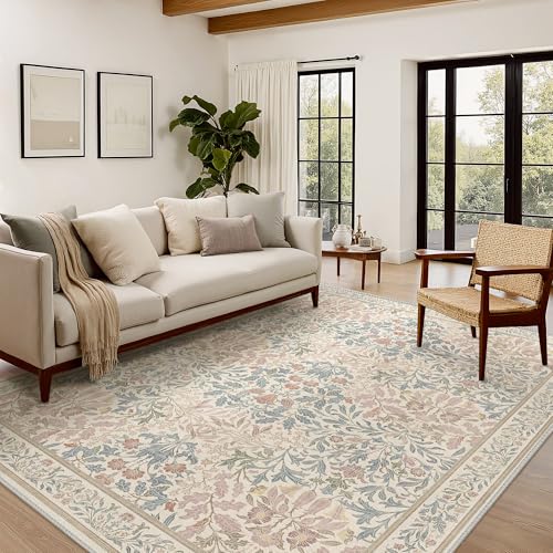 Bavni 3x5 Area Rugs for Living Room, Floral Rug Machine Washable Non Slip, Vintage Boho Forest Carpet, Soft Low Pile Thin Lightweight Rugs for Bedroom, Farmhouse, Dining Room Office, Beige Pink - color: Beige Pink, size: 3' x 5' (Rectangular)