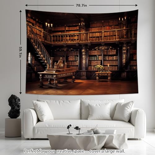 Medieval Bookshelf Tapestry Vintage Library Bookcase Tapestry Wall Hanging Victorian Office Zoom Video Backdrop Old Books for Study Room Bedroom Living Room Decor 78.7"x59.1" - color: H, size: 59.1"L x 78.7"W