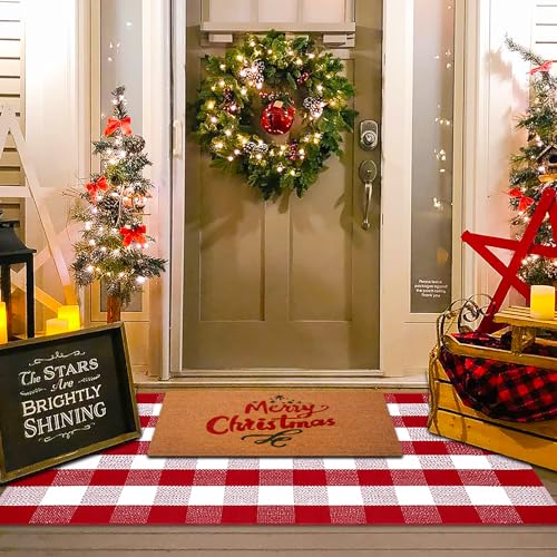 Christmas Red and White Plaid Rug, 3' x 5' Cotton Hand-Woven Layered Door Mat for Front Porch, Entryway, Outdoor Holiday Decor, Washable Buffalo Check Rug for Home, Patio, Kitchen - color: Red & White Plaid, size: 3' x 5' (Rectangular)
