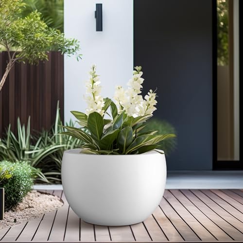 Kante 15.7" Dia Round Concrete Planter, Outdoor/Indoor Large Bowl Plant Pots with Drainage Hole and Rubber Plug for Garden Patio Balcony Home, Pure White - color: Pure White, size: 15.7" d