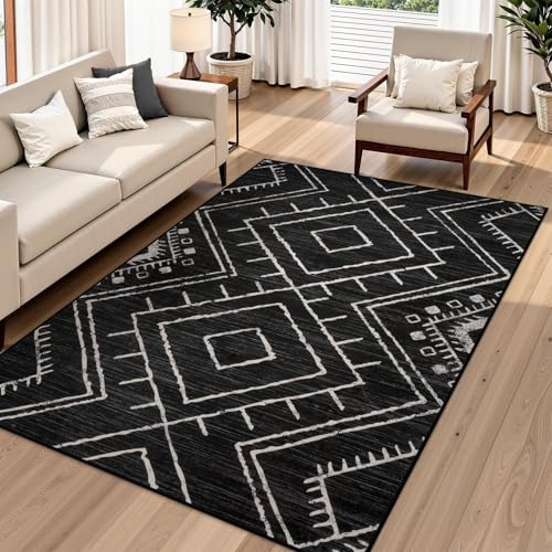 LIVEBOX Western 5x7 Area Rug, Black Washable Rugs for Living Room Bedroom, Non Slip Moroccan Tribal Rug Low Pile Modern Geometric Boho Area Rugs Diamond Carpet for Dining Room Home Office Playroom - color: Black, size: 5‘ x 7'