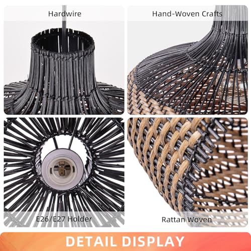 Arturesthome Rattan Pendant Light Fixtures for Kitchen Island, Wicker Chandelier, Handmade Woven Hanging Ceiling Light Lampshade for Living Room Bedroom - size: 19.6" * 17.7"