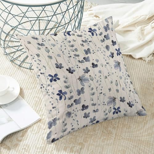 Spring Blue Floral Throw Pillow Covers 18x18 Set of 2, Flower Print Linen Decorative Pillow Covers Watercolor Branch Decoration Outdoor Cushion Cover Blue Floral Pillowcase for Sofa Couch Farmhouse - color: Spring Flower1, size: 18" x 18" (Pack of 2)